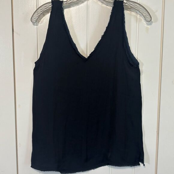 Anthropologie Double V-Neck Sleeveless Tank Top Raw Edged Hems Navy Blue MEDIUM - Picture 4 of 7